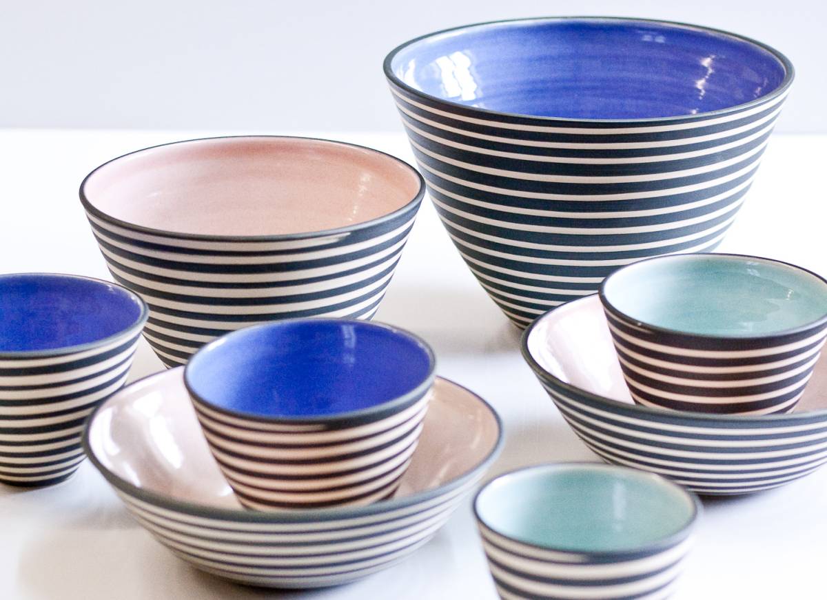 Bowl collection "Spiral" unglazed black slip spiral outside and bright coloured glaze inside.