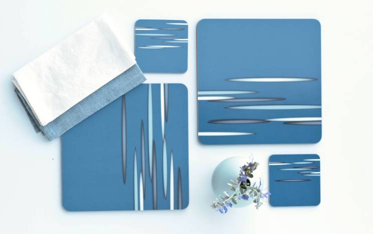 Blue drop placemats and coasters with organic hand-woven table napkins