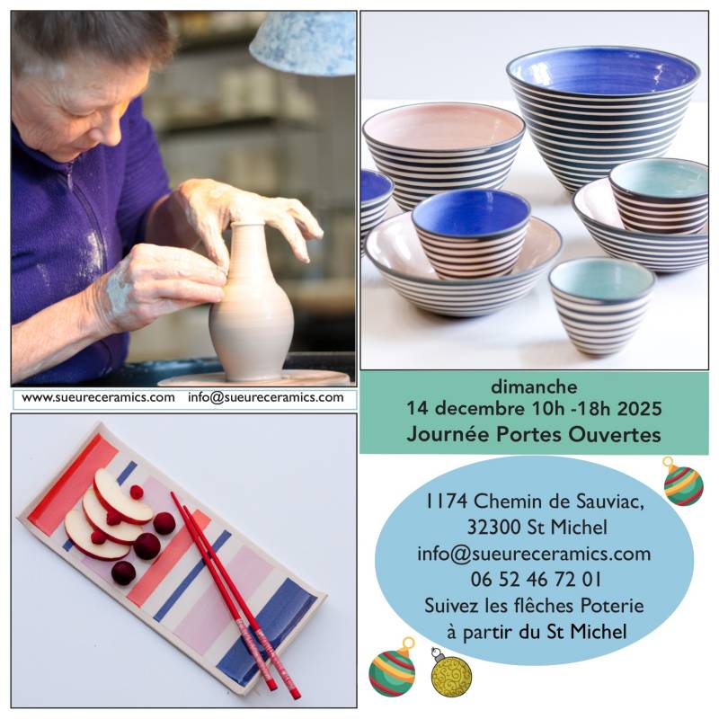 Practical information for the 2025 Open Day (the information is in plain text in the body of the article) and three photos to illustrate with Sue Ure shaping a vase, a set of striped crockery and a very Japanese composition of a pair of red chopsticks and portions of fruit arranged geometrically on a ceramic dish in a cameo of colours from violet to praline.